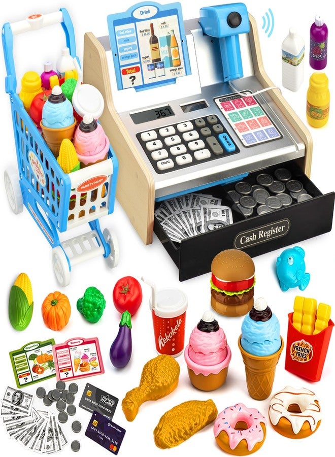 VROGTIK Wooden Cash Register for Kids with Shopping Cart Rechargeable Kid Cash Register with Scanner Gift for Kids Age 3 4 5 6 7 8 9 Year Old Pretend Play for Toddlers Toys for 3-12 Year Old Boys - Image 1